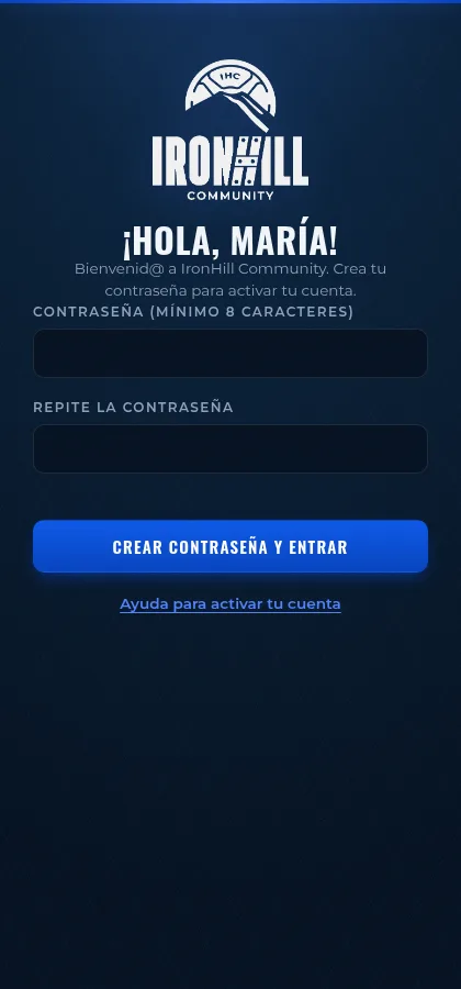 Pantalla para crear y repetir la contraseña de una cuenta de IronHill