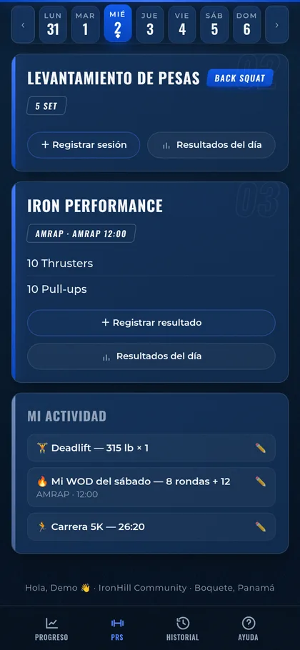 Bloque Mi actividad en el tablero de IronHill con un levantamiento, dos entrenamientos propios y una carrera