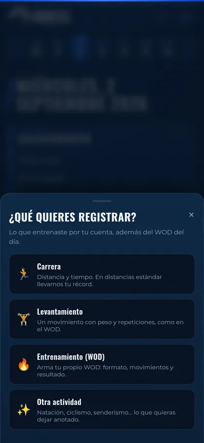 Menú de IronHill para elegir qué registrar: carrera, levantamiento, entrenamiento u otra actividad