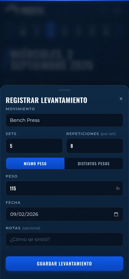 Formulario de IronHill para registrar un levantamiento propio con 5 sets de 8 repeticiones a 115 lb