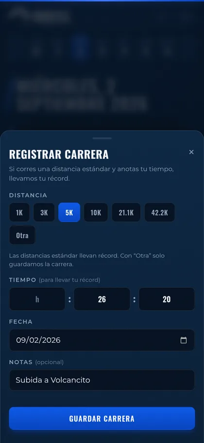 Formulario de IronHill para registrar una carrera, con las distancias estándar y el tiempo