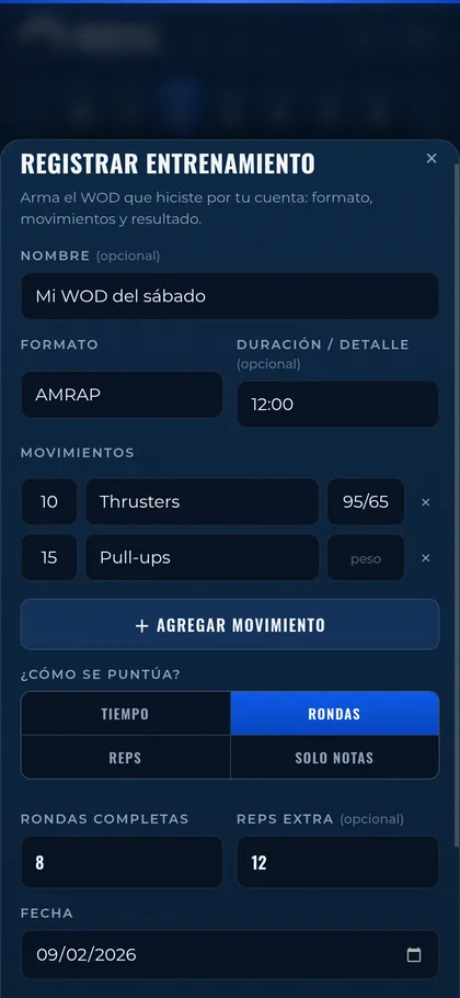 Formulario de IronHill para armar un WOD propio con formato AMRAP, movimientos y resultado por rondas