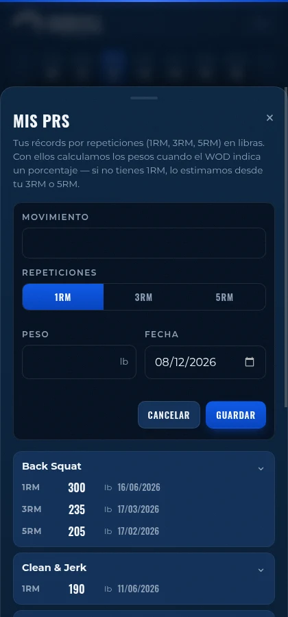 Formulario para agregar un récord personal en IronHill