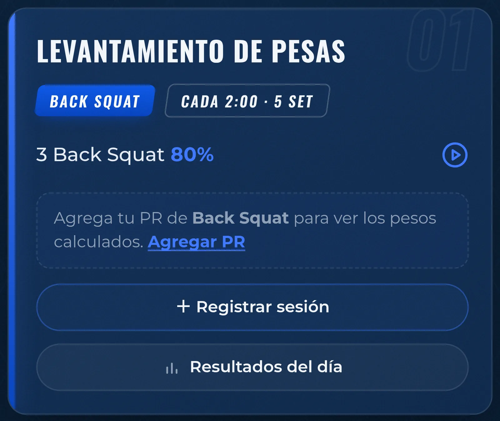 Bloque de levantamiento de pesas con los botones Registrar sesión y Resultados del día