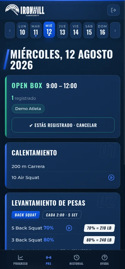 Pantalla principal de IronHill con el calendario semanal y el WOD del día