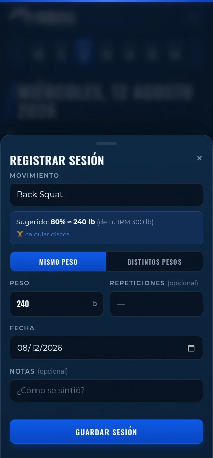 Formulario de IronHill para registrar una sesión usando el mismo peso