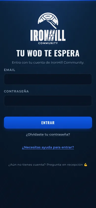 Pantalla de inicio de sesión de IronHill con campos de correo y contraseña