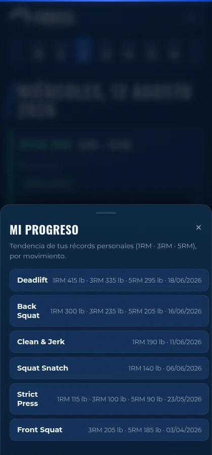 Lista de movimientos con registros de progreso en IronHill
