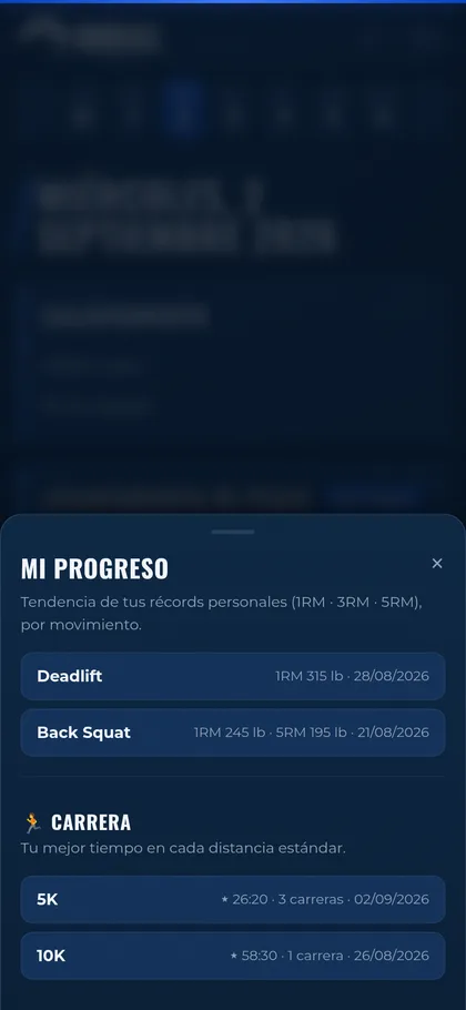 Sección Carrera en Mi progreso de IronHill, con el mejor tiempo en 5K y en 10K