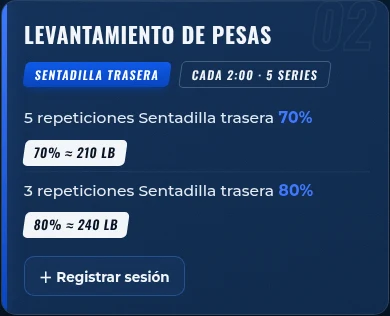 Movimiento de levantamiento de pesas con porcentaje y peso sugerido calculado por IronHill