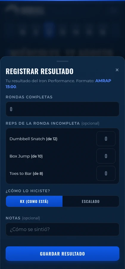 Formulario para registrar rondas, repeticiones, modalidad RX o escalada y notas de Iron Performance